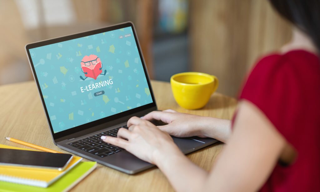 Online Education Concept. Young Woman Study With Laptop In Cafe, Browsing Educational Program On Computer, Unrecognizable Female Enjoying Distance Learning, Creative Collage, Over Shoulder View