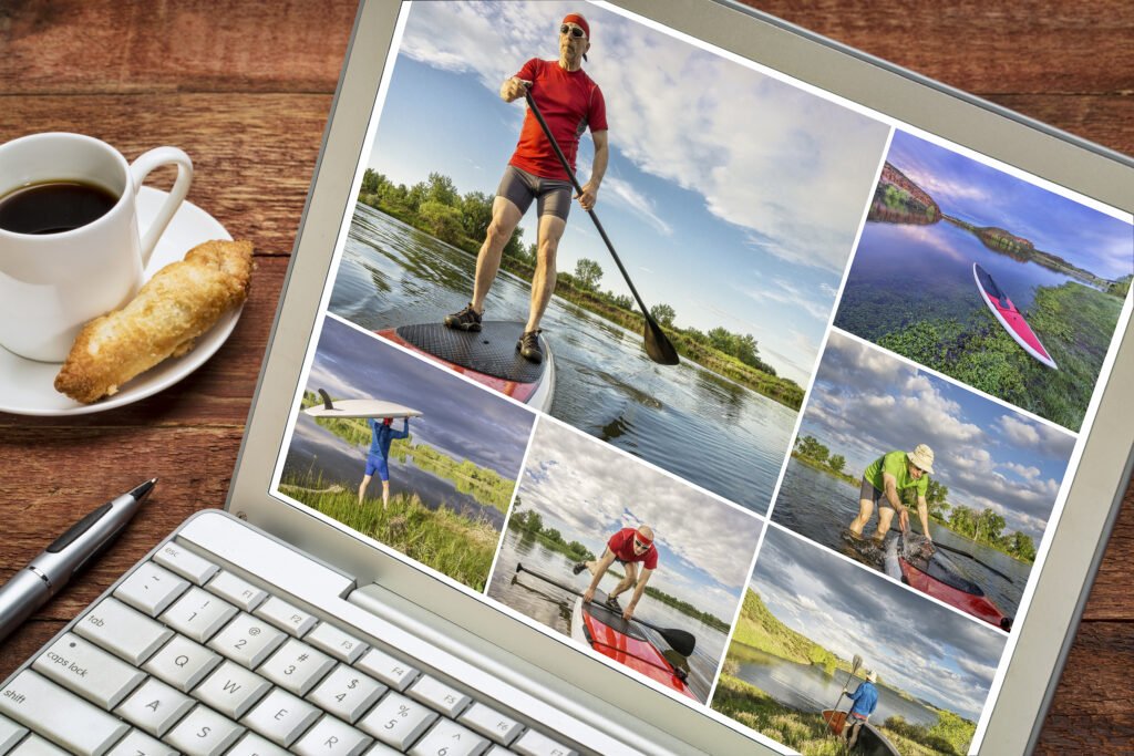 Laptop Displaying Paddle Boarding Photo Collage On Table
